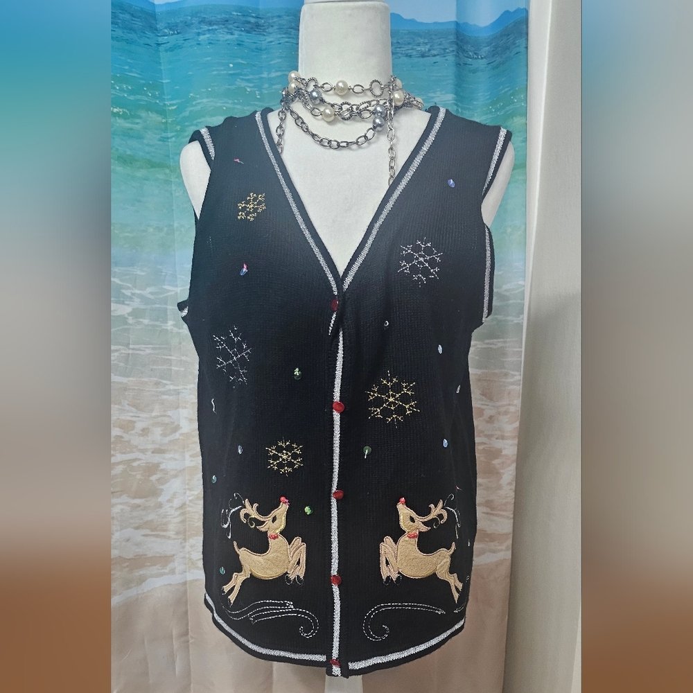 White Stag Black Sweater Vest with Festive Design